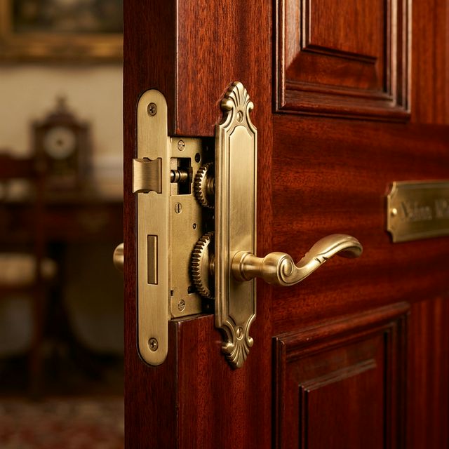 Fechadura elegante de metal em porta de madeira