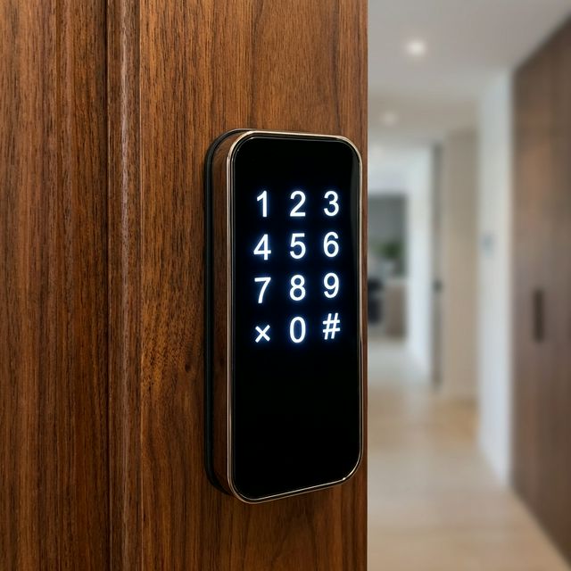 Fechadura inteligente instalada numa porta de madeira