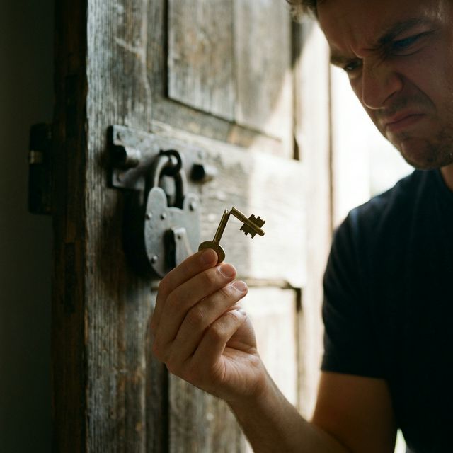 Pessoa stressada a olhar para chave partida à porta de casa