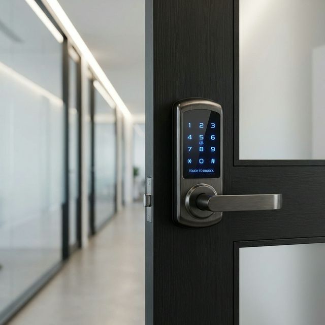 Fechadura inteligente eletrónica instalada numa porta de escritório premium